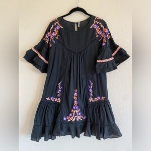 Free People | Black Cotton Mini Dress/Tunic with Floral Embroidery, Size S